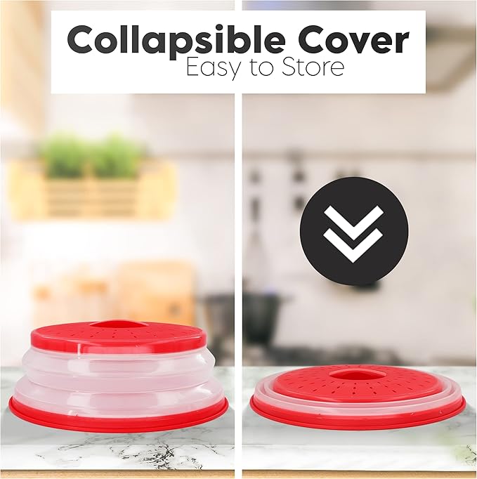 Microwave Cover for Food, Collapsible Microwave Splatter and Plate Covers Easy Grip Lid and Food Strainer, BPA Free and Dishwasher Safe, 10.5", Red - By Rampro