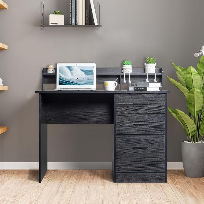 Karl home Black Computer Desk with Drawers ＆ Desktop Hutch, Modern Work Study Gaming Writing Home Office Desks with Storage for Kids, Small Wood Table for Bedroom, PC Laptop Workstation