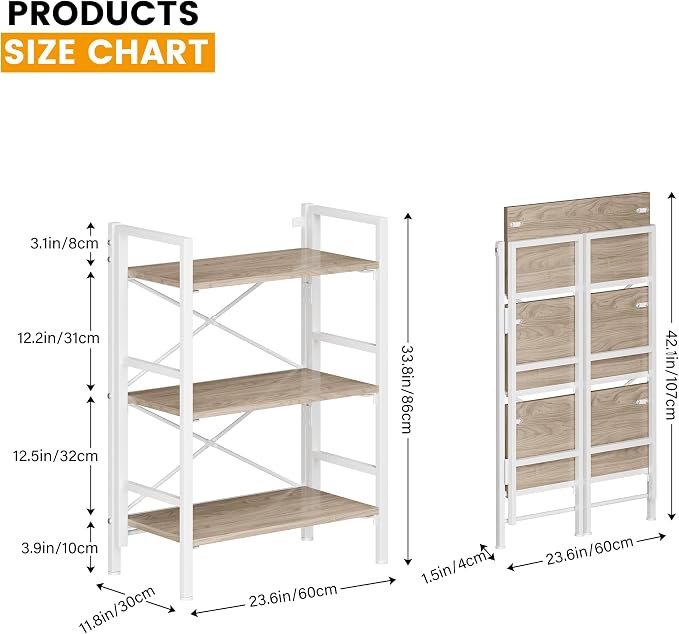 Homeiju Folding Bookshelf No Assembly, 3 Tier Bookcase Foldable Shelf with X-Bracket Design, Adjustable Feet, Space Saving Storage for Living Room, Office (Light Coffee)