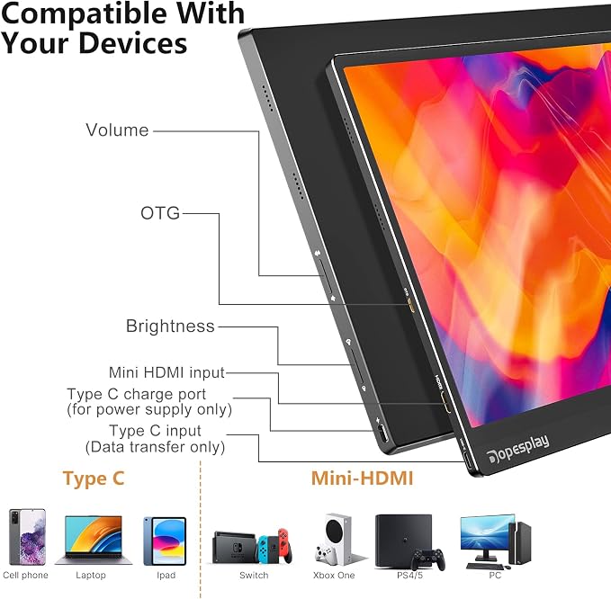 Dopesplay Portable Monitor for Laptop with Touchscreen, 15.6" FHD 1080P Second Laptop Monitor Extender with 5000mAh Battery for Laptops, MacBook, Phones, PS4/5, Xbox, Switch (NO Touch on iPhone)