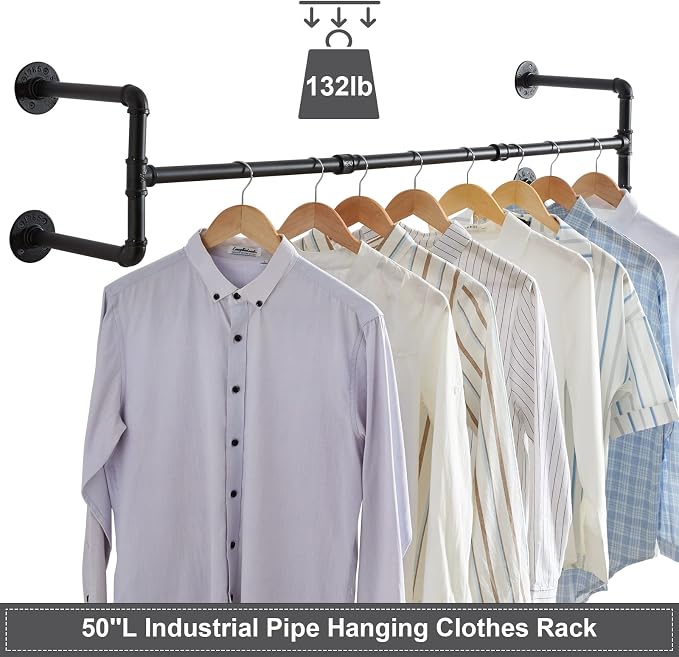 IBUYKE Industrial Pipe Clothes Rack Set of 2, 50 Inch Wall Mounted Clothing Rack, Space-Saving Hanging Closet Rod, Heavy Duty Multi-Purpose Garment Rack for Laundry Room(4 Bases), Black TYJ002H-2
