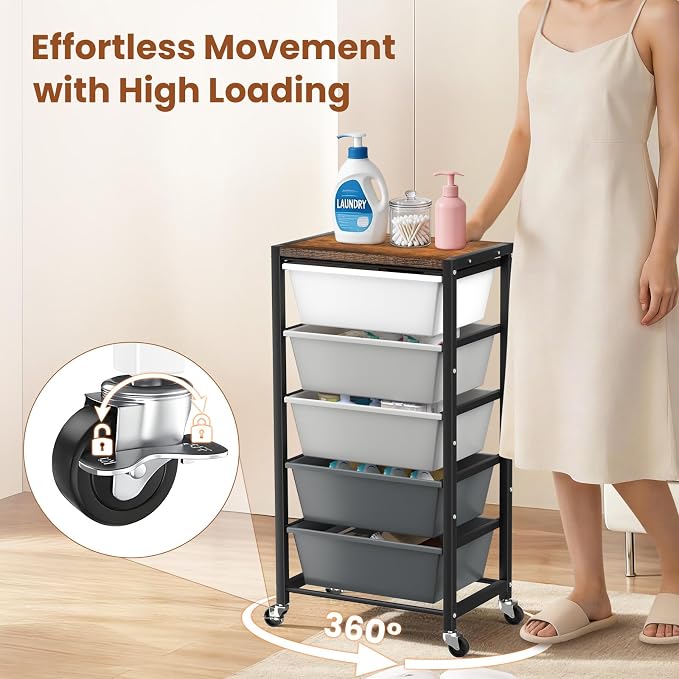 Rolling Cart with 5 Drawers, Plastic Drawer Storage Carts with Wheels & Wooden Tabletop, Metal Utility Cart for Office Bedroom Living Room Classroom, Craft Organization and Storage, Grey