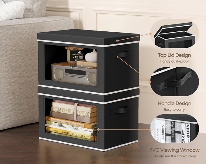 Homsorout Collapsible Storage Bins with Lids - Stackable Storage Containers with Window, 6 Pack Fabric Organizing Bins for Closet, Home & Office Organization Baskets, Black, 14.9" x 9.8" x 9.8"