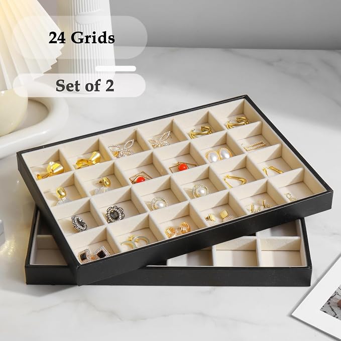 Large Jewelry Organizer Tray 2 Pack, Stackable Jewelry Storage Holder for Drawer Inserts, PU Leather Velvet Jewellery Display Case for Earring Bracelet Necklace Ring (Black Beige, 24 Grids)