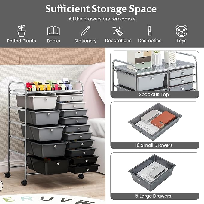 LUARANE Rolling Cart with 15 Drawers, Craft Storage Cart with Portable Handles & Lockable Wheels, Mobile Toys Organizer, Large Capacity Utility Drawer Cart Home Office School Teacher (Gradient Black)