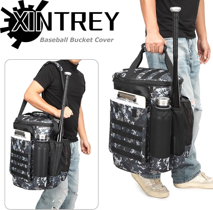 Baseball Bucket Bag 6 Gallon Tactical Softball Coaches Bag with Padded Seat | Baseball Bucket Cover Organizer for Training Equipment, Balls, Bat, Gloves, Scoreboards, with Shoulder Strap