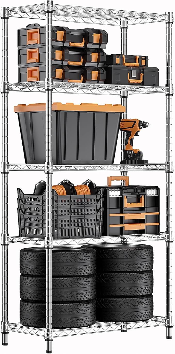 M MZG 1250 lbs Steel Heavy Duty 5-Tier Utility Shelving Unit Steel Organizer Wire Rack for Home,Kitchen,Office,Chrome (13.7" D x 23.6" W x 62.4" H)