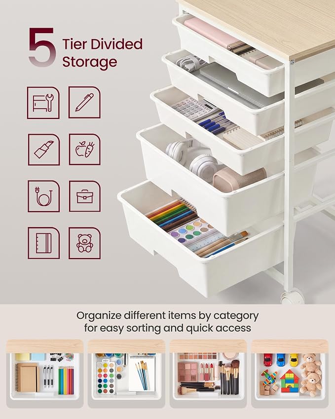 VASAGLE 5-Drawer Rolling Storage Cart, Mobile Organizer Trolley with Wood Top and Metal Frame, for Craft Room, Office, 15.6 x 11.2 x 24.8 inch, White, Benco Collection ULRC005W101