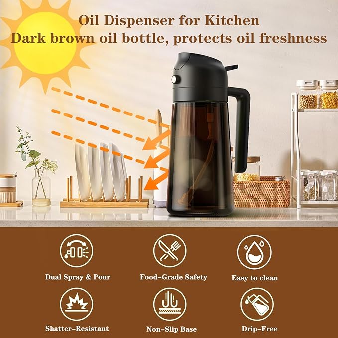 Oliver Oil Sprayer Dispenser for Cooking Bottle 16oz Dark Glass Green | 2-in-1 Lightproof Borosilicate Glass Oil Bottle, Wide Mouth for Easy Refill Clean