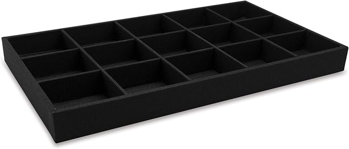 The Display Guys - Stackable Jewelry Tray and Organizer - for Drawers, Dressers, Store Display (15 Compartments, Black Burlap)