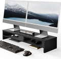 Fenge 31.5 Inch Dual Monitor Stand Riser for Desk, Black | Wooden Desk Shelf, 2-Tier Open Storage Compartment, for PC Laptop Screen Printer, Home Office Desktop Organizer