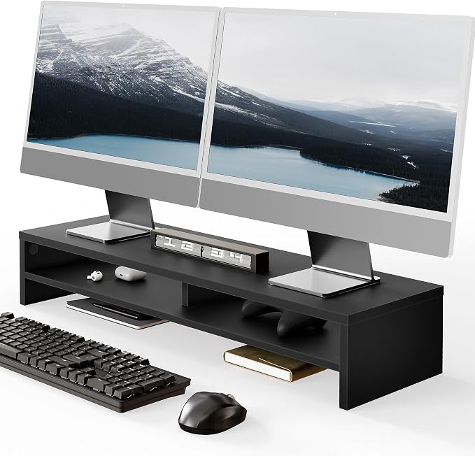Fenge 31.5 Inch Dual Monitor Stand Riser for Desk, Black | Wooden Desk Shelf, 2-Tier Open Storage Compartment, for PC Laptop Screen Printer, Home Office Desktop Organizer