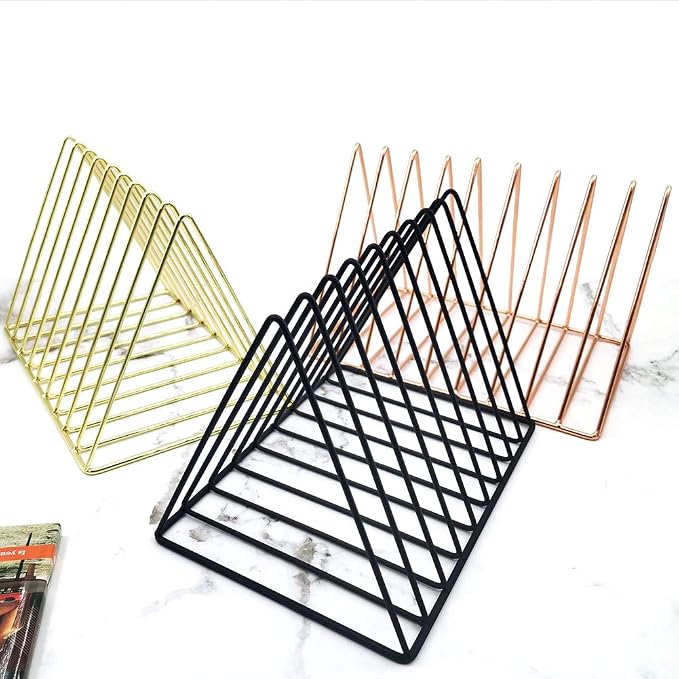 EASEPRES 9 Slot Magazine Rack Book Record Holder, Desktop Iron Storage Rack Bookshelf Multifunction Triangle File Organizer Sorter for Decor Home Office, Black Pack of 2