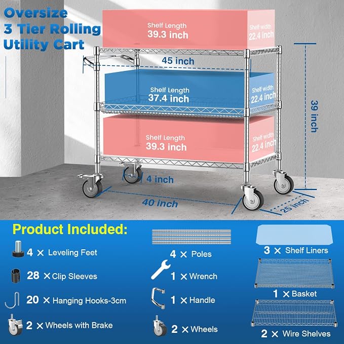 Commercial Rolling Utility Cart,45In Large Kitchen Carts with Wheels | 3 Tier Heavy Duty Serving Cart with Handle & Shelf Liners, NSF Storage Cart for Restaurant,45"D x 25"W x 39"H-Chrome