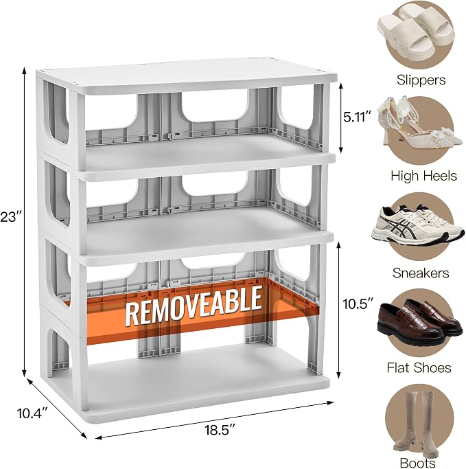 TRZZ 5-Tier Shoe Rack, Narrow Stackable Organizer, Grey | Removable Partition, Vertical Efficient Shoe Storage, for Closet, Entryway, Small Spaces
