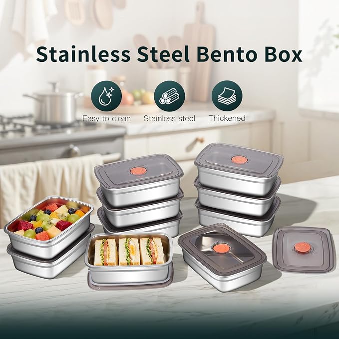 GIUOIDUO 10 Pack Stainless Steel Food Storage Containers with Leak-Proof Lids, 37oz Reusable Metal Meal Prep Lunch Boxes, Stackable, Dishwasher Safe for Snacks, Fruits & On-the-Go Meals, BPA-Free