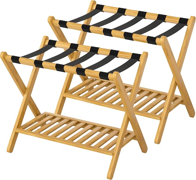 Luggage Racks Set Of 2 Suitcase Stand Foldable With Storage Shelf For Guest Room Hotel Essentials Solid Bamboo Heavy-Duty Item Holder Natural