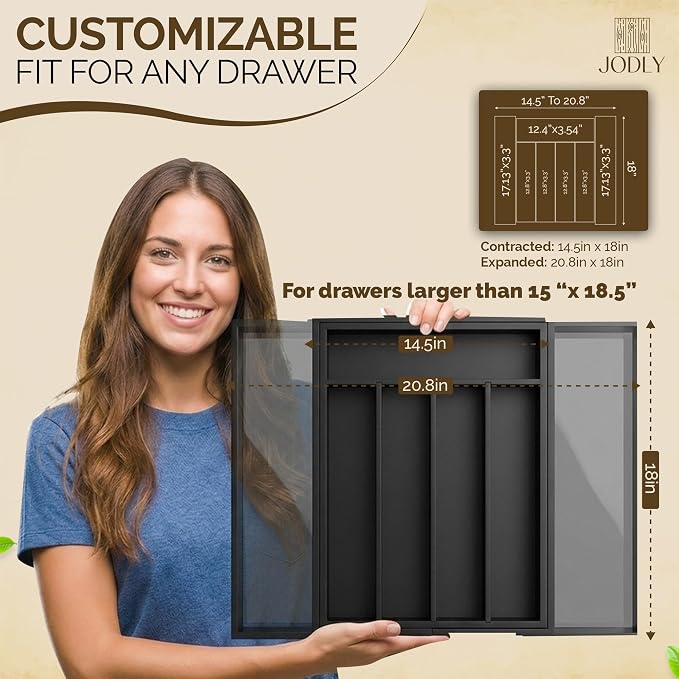 Bamboo Kitchen Utensil Drawer Organizer for Silverware | 100% Natural Expandable 14-20 Inch Kitchen Drawer Organizers for Utensils | Non-Slip Base | Screwed Joints for Long-Lasting Durability