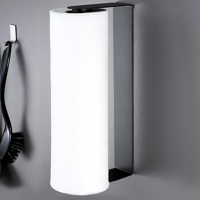 ZUNTO Black Paper Towel Holder, Self Adhesive, for Wall or Under Cabinet | Stick on Wall Vertical or Horizontal, No Drilling, Stainless Steel - Rustproof, Kitchen Roll Rack for Home, Rv or Apartment