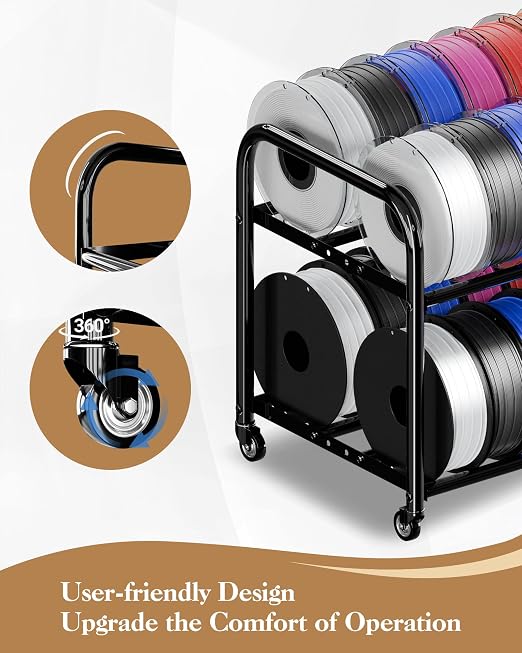 2 Tier Rolling Filament Rack, Holds 40+ 3D Spools, Under Desk Storage | Adjustable for 250g-1KG Spools, 360° Smooth Wheels, Compact 16.5" Wide, Tool-free Assembly. Perfect for 3d Farms Studios
