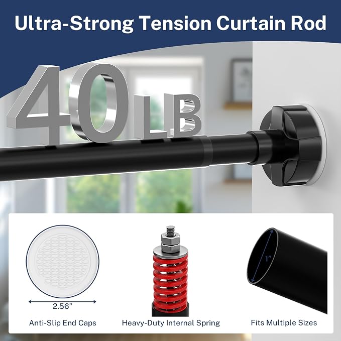 Heavy Duty Tension Shower Curtain Rod 2 Pack 48-74 Inch Black | Rustproof Steel, Drill-Free Tension Mount, Adjustable Rods for Bathroom Window Door Patio Closet, Non-Slip No-Tools Install.