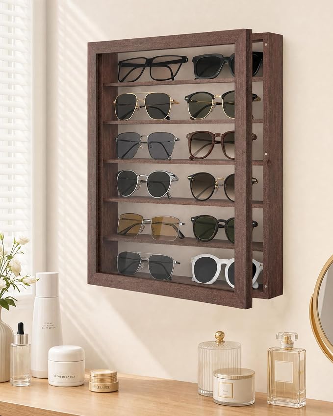 TJ.MOREE Sunglass Organizer Wall Mounted Glasses Holder Display Case 6 Tier | 13 x 15.6 inches Wooden Storage Box for Multiple Pairs Eyeglasses Sports Sunglasses