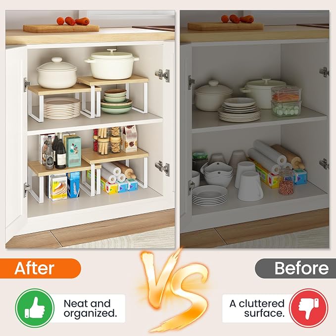 HOOBRO Cabinet Organizer Shelf, Set of 2, Kitchen Countertop Organizer, Kitchen Countertop Shelf, Spice Rack for Counter, Stackable, Expandable for Cabinet, Kitchen, Natural and White WN33TL01