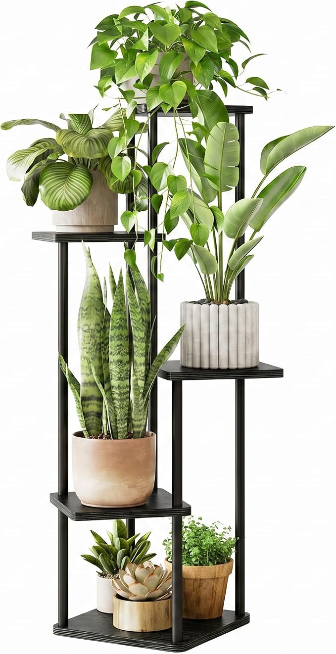 GENTINGBRO Tall Plant Stand Indoor 5 Tiered Plant Shelf for Multiple Plants Coner Shelf Stand Wood Plant Stand Metal Shelving for Living Room Bedroom Balcony Patio Black