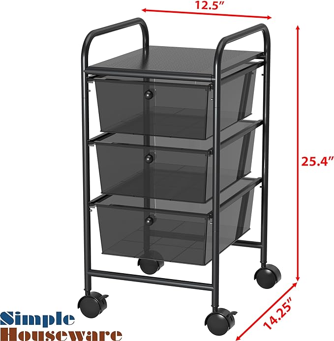 Simple Houseware 3 Drawers Rolling Utility Cart Art Craft Organizer, Black | 1-Column, 25.4" Height, Lockable Wheels, for School, Office, Art Craft, and Paper Storage