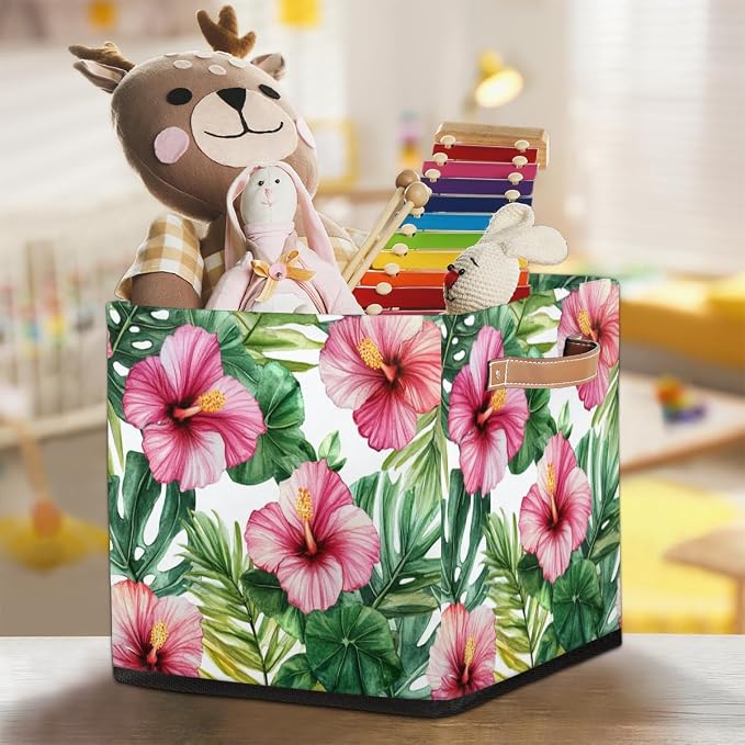 TropicalLife Floral Tropical Storage Cube, 13 Inch Fabric Cube Storage Organizer Bin for Shelves Clothes, Decorative Foldable Storage Boxes