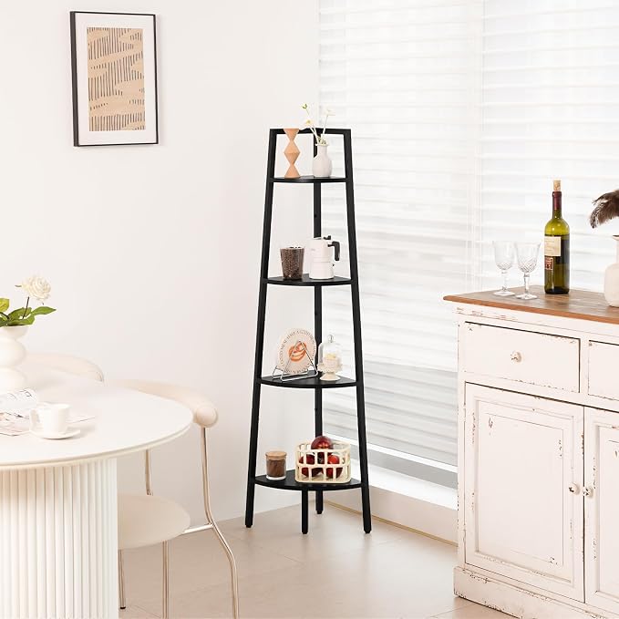 Yoobure 4‑Tier Corner Shelf – Sturdy Metal Frame & Wood Ladder Bookshelf, Space‑Saving Display Shelves for Plants & Books, Easy Assembly, for Bedroom, Living Room, Office, Balcony