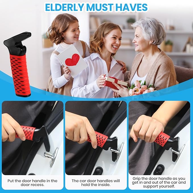 CAidRE Car Door Handle for Elderly, Car Handle Assist Support, Portable Elderly Assistance Mobility Aids Auto Grab Cane with Strap for Seniors and Handicapped Getting Out of Car, Red, 2 Pack