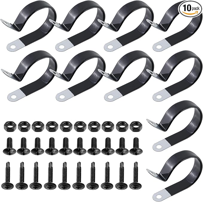 Antrader Cable Clamps, 10Pcs Carbon Steel Rubber Cushion Insulated Loop Clips, 50mm/1.97inch R-Type Cable Management Cord Organizer with Screws