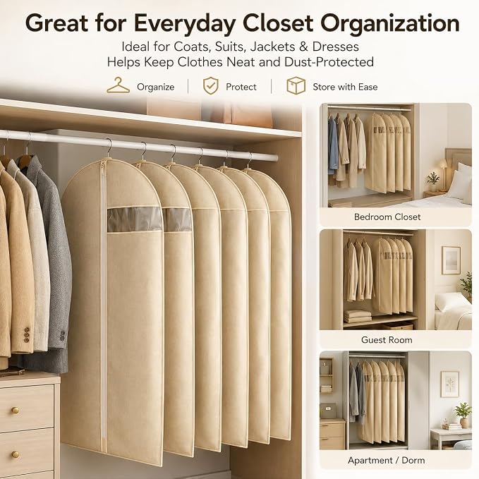 Garment Bags for Hanging Clothes, 5 Pack Non-Woven Clothes Covers | Breathable Closet Storage Bags with Clear Window, Dust Covers for Suits, Coats, Dresses, Jackets and Shirts, Beige