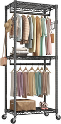 NEWBULIG Heavy Duty Clothing Rack with Wheels, 3-Tier Adjustable Wire Garment Rack, Metal Freestanding Closet Organizer System with Double Hanging Rods & 8 Side Hooks, 29" x 15" x 75", Black
