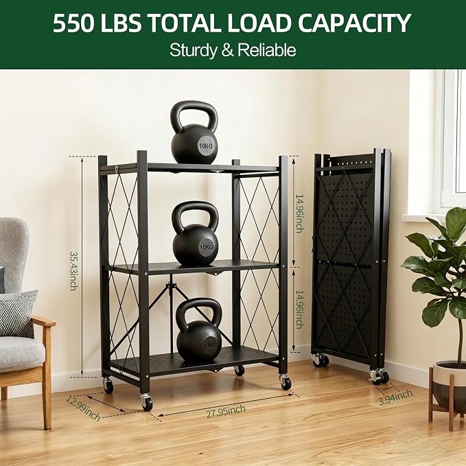 3-Tier Foldable Storage Shelf with Wheels – Heavy Duty 550 LBS Capacity, Collapsible Metal Steel Rolling Rack for Garage, Kitchen, Pantry, Office – Black