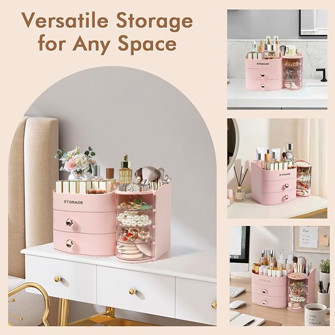 XIAPIA Makeup Organizer Countertop, Make Up Organizer for Vanity | Skincare & Cosmetic Organizers with Drawers, Bathroom Storage for Brush Holder|Lipstick|Jewelry, Ideal Gift for Women, Pink