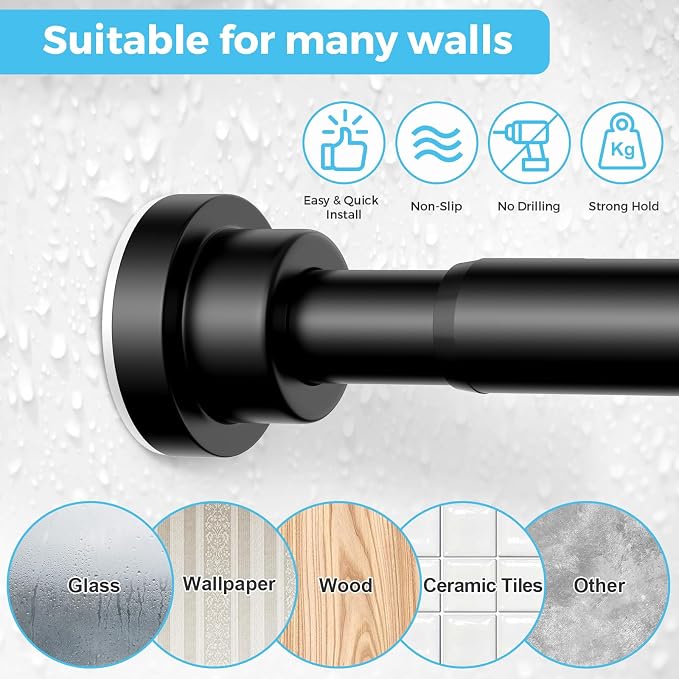 Tension Curtain Rod 30 To 49 Inch Black Tension Rods Adjustable Spring Loaded Curtain Rods 7/8" Curtains Rods No Drilling Tension Rods For Windows Bedroom Closet Doorway Door 2pcs