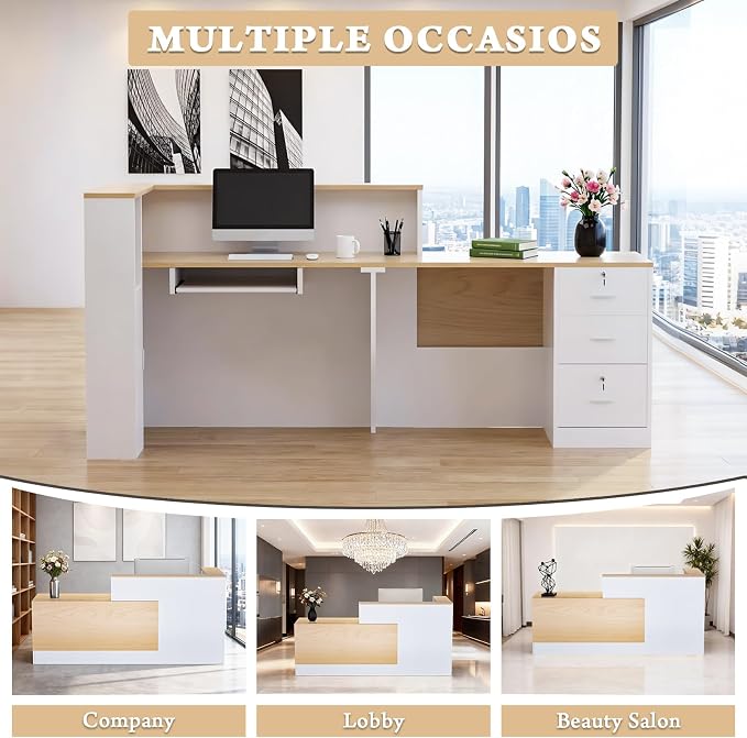Ceridwen L-Shaped Large Wooden Reception Desk, Modern Front Desk Reception Counter with Lockable Drawers, Storage & Keyboard Tray for Office Lobby Checkout (Left-Oak & White, 71''L x 34''W x 41''H)