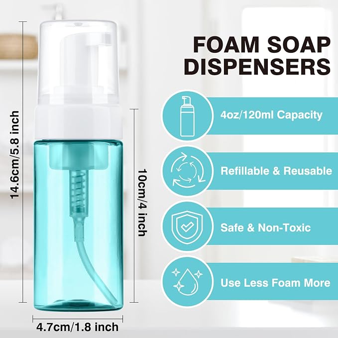 Boenoea Plastic Foam Pump Bottle, 4oz/120ml Foam Bottles Dispenser BPA Free Empty Refillable Container for Hand Soap, Shampoo - Pack of 2 (Blue,Green)
