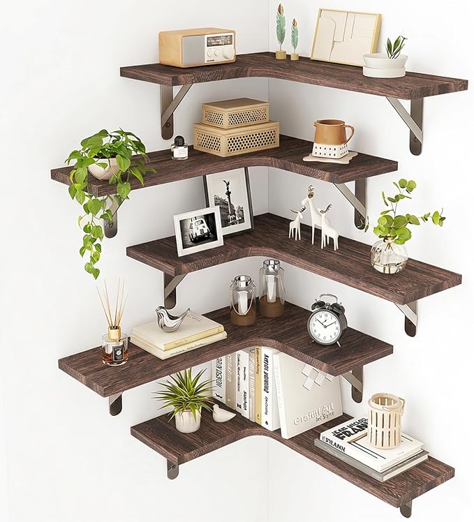 Fixwal Floating Shelves for Wall Set of 5, Rustic Wood Wall Mounted Corner Shelf for Bathroom, Kitchen, Bedroom, Home Decor, Laundry Room, Living Room (Walnut Brown)