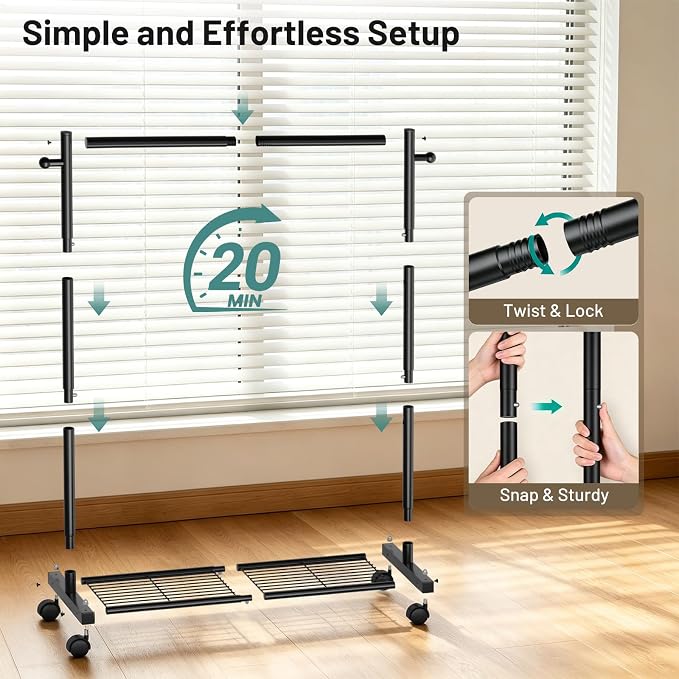 AOODA Short Clothing Rack for Hanging Clothes, Metal Small Clothes racks With Shelves, Heavy Duty Rolling Garment Racks on Wheels for Closet, Wardrobe (Black)