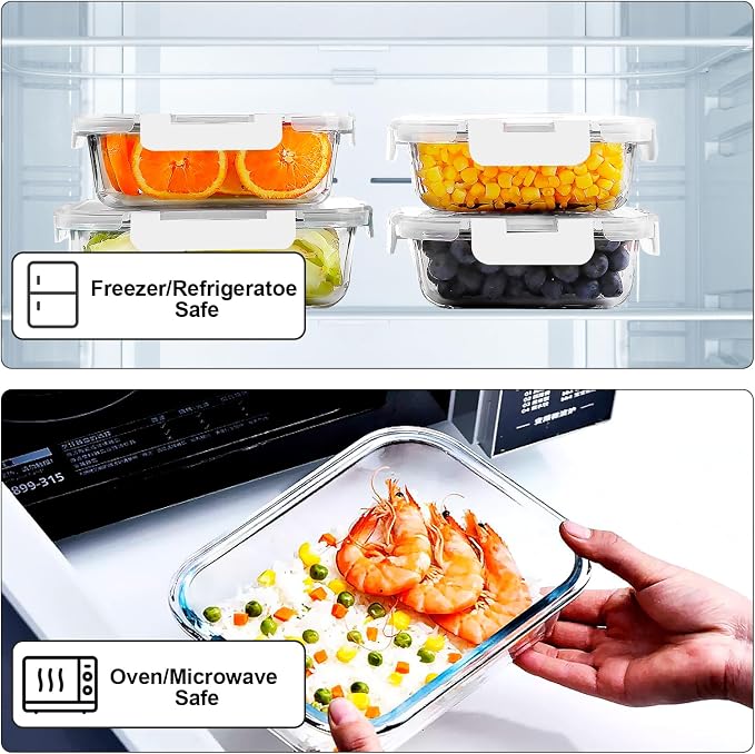 VERONES 10Pack Glass Meal Prep Containers, Airtight Glass Lunch Containers,Stackable Food Storage Containers Set with Lids,Exclusive of BPA, for Microwave,Oven, Freezer&Dishwasher Friendly,White