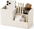 KINGFOM Desk Pen Organizer Office Supplies Caddy Pu Leather Multi-function Storage Box Pen/Pencil,Cell phone, Business Name Cards Remote Control Holder (Ivory White)