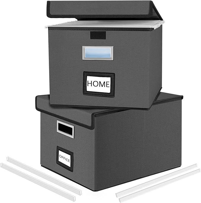 Huolewa File Organizer Boxes with Lids, Linen Office Document Storage Boxes, Filing Boxes, Decorative Small File Boxes for Hanging Files with Plastic Slide for Office/Cabinet/Decor/Home