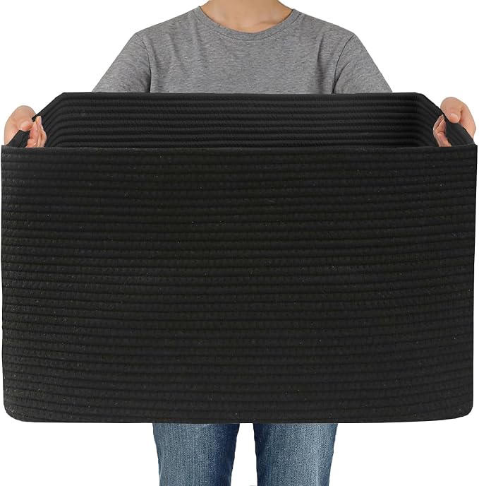 JMvicyroam Woven Blanket Basket,65L Large Storage Bin for Blankets Toys Clothes,Decorative Rope Basket for Living Room Bedroom with Handles, Black