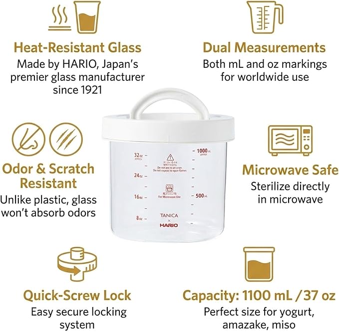 TANICA] Glass Pot for YOGURTiA Yogurt Maker - 1100 mL / 37 oz Heat-Resistant Glass Container with Handle Lid & Inner Lid - Microwave, Dishwasher & Refrigerator Safe - Made in Japan