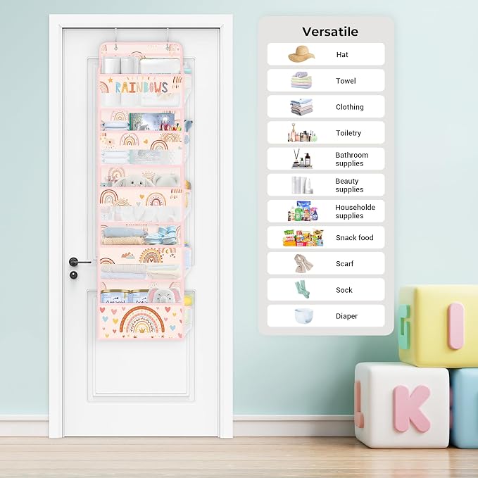 Clastyle Over the Door Organizer Diaper Toy Nursery Hanging Shelf, Boho | Pink Rainbow, 5-Tier Clear Window Mesh Pocket 44 lbs Weight Capacity, Behind Door Storage, Bedroom Bathroom Closet Pantry