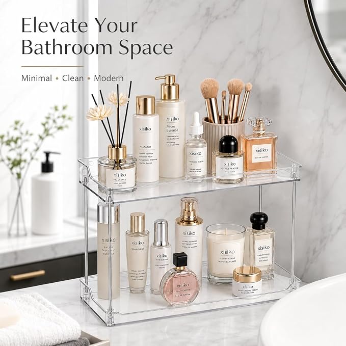 2 Tier Clear Bathroom Counter Organizer, Vanity Organizer for Skincare Makeup Perfume, Multi-Purpose Storage Shelf for Bathroom Kitchen Bedroom