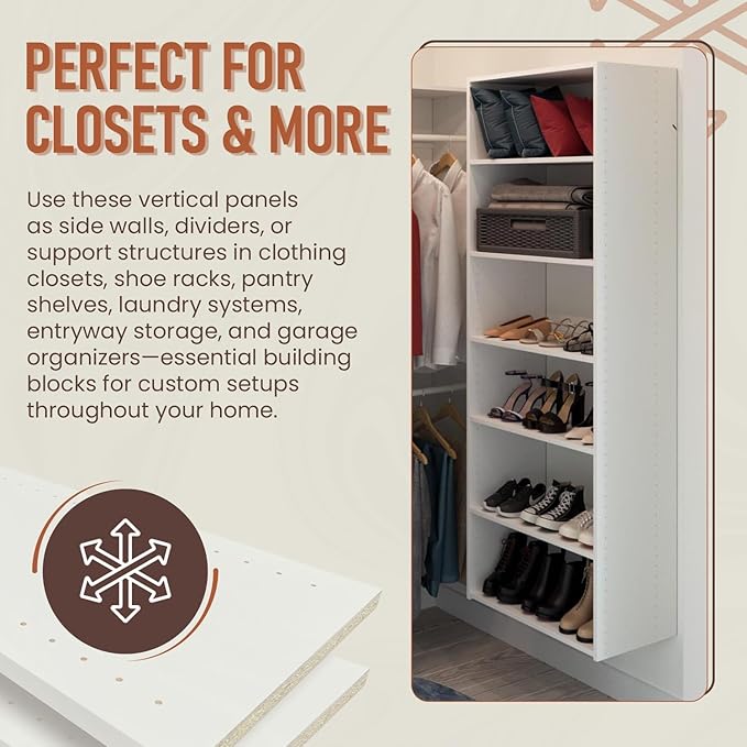 B&B HARDWARE Closet Evolution Classic Vertical Panels Up to 80 Inch – Pre-Drilled Organizer Units – Scratch Resistant Laminate, Compatible with Closet Systems & Accessories (White, Pack of 2)